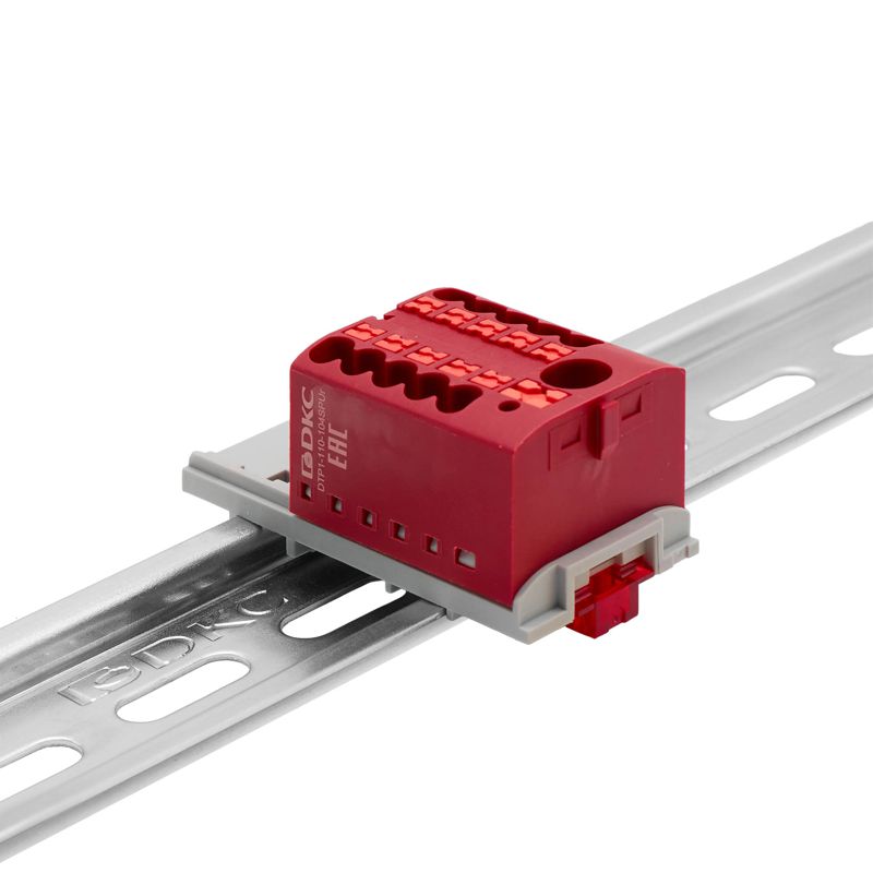 Блок распределительный с вертикал. адаптером на рейки шир. 15/35мм зажим push-in 1 ввод 6кв.мм 10 точек подключения 2.5кв.мм красн. DKC DTP1-110-104SPUR-V