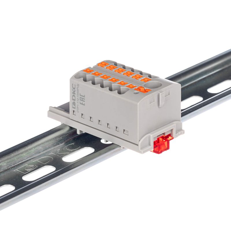 Блок распределительный с вертикал. адаптером на рейки шир. 15/35мм зажим push-in 1 ввод 6кв.мм 12 точек подключения 2.5кв.мм сер. DKC DTP1-112-104SPUG-V