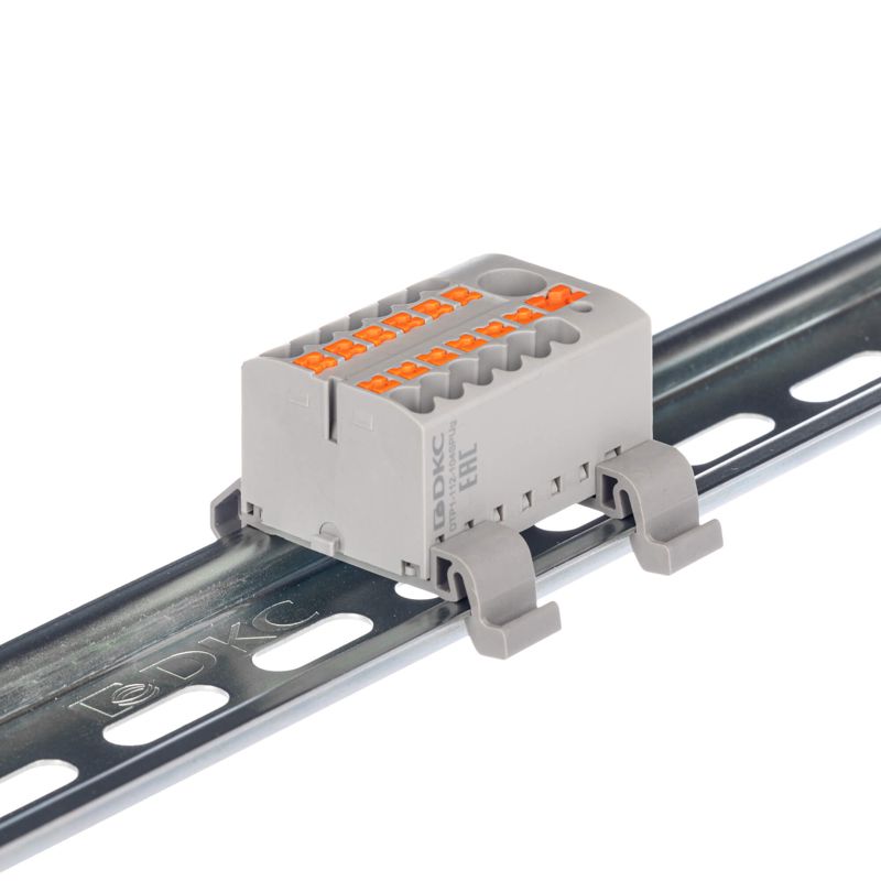 Блок распределительный с горизонт. адаптером на рейку шир. 35мм зажим push-in 1 ввод 6кв.мм 12 точек подключения 2.5кв.мм красн. DKC DTP1-112-104SPUR-H