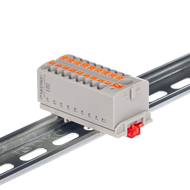 Блок распределительный с вертикал. адаптером на рейки шир. 15/35мм зажим push-in 1 ввод 6кв.мм 18 точек подключения 2.5кв.мм сер. DKC DTP1-118-104SPUG-V