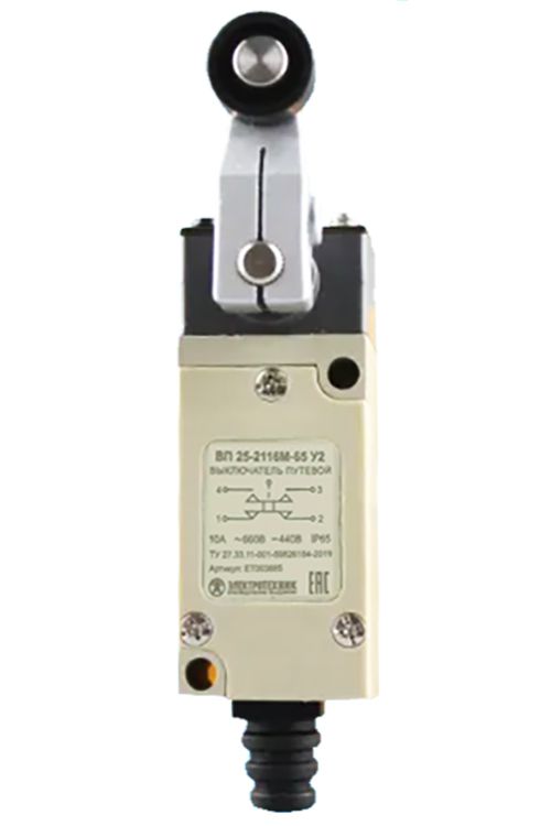 Выключатель путевой ВП 25-2118М-65 У2 1НО+1НЗ 3А IP65 рычаг с пластик. роликом безинерционный 21х56мм Электротехник ET003891