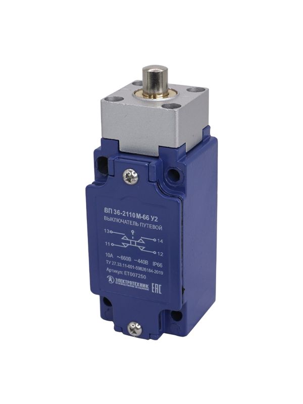 Выключатель путевой ВП 36-2110М-66 У2 1НО+1НЗ 3А IP66 толкатель безинерционный 30х60мм без сальника Электротехник ET007250