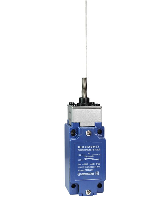 Выключатель путевой ВП 36-2106М-66 У2 1НО+1НЗ 3А IP66 рычаг пружинный "кошачий ус" безинерционный 30х60мм без сальника Электротехник ET007290