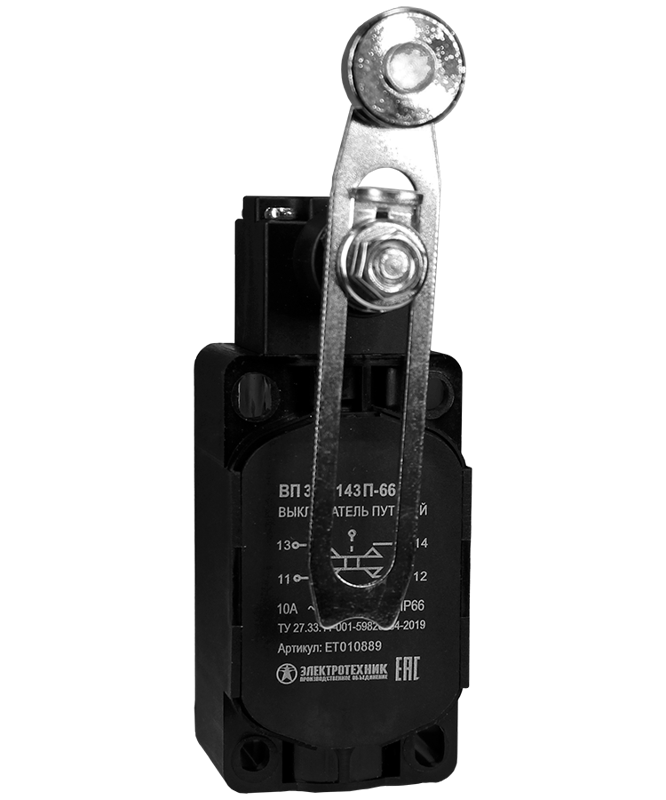 Выключатель путевой ВП 36-2143П-66 У2 1НО+1НЗ 3А IP66 рычаг со стальным роликом регулир. по длине безинерционный 30х60мм без сальника Электротехник ET010889