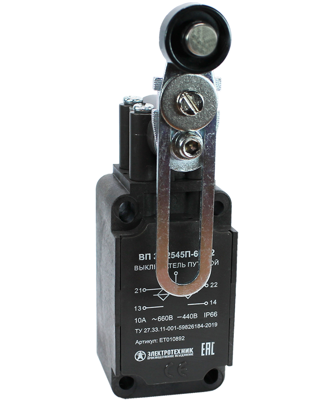 Выключатель путевой ВП 36-2545П-66 У2 1НО+1НЗ 3А IP66 рычаг с пластик. роликом регулир. по длине инерционный 30х60мм без сальника Электротехник ET010892