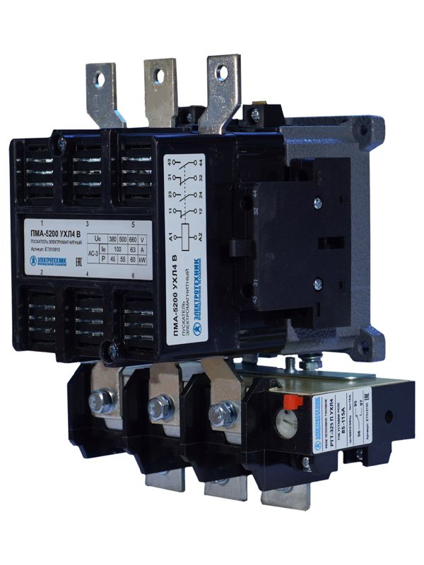 Пускатель электромагнитный ПМА-5200 УХЛ4 В 100А 220В 2НО+2НЗ IP00 нереверсивный с реле РТТ-325 85-115А Электротехник ET010913