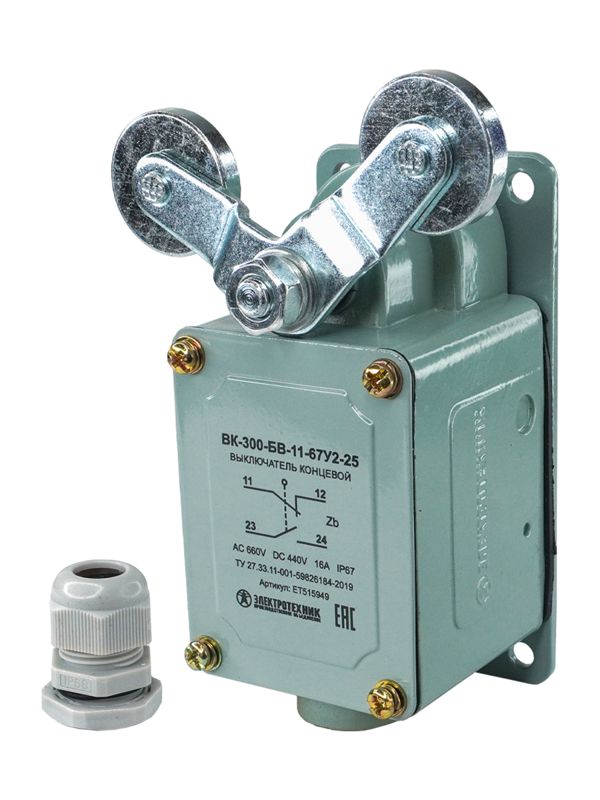Выключатель концевой ВК-300-БВ-11-67У2-25 V-образный рычаг с роликом на каждом плече с сальником ход вправо и влево без самовозврата ступень 2- 51мм IP67 Электротехник ET515949