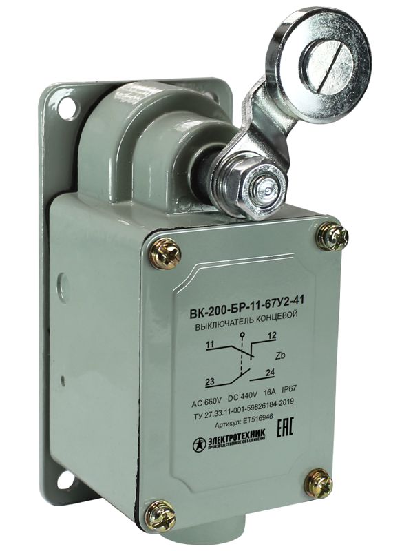 Выключатель конечн. ВК-200-БР-11-67У2-41 рычаг с роликом без сальника ход вправо самовозврат ступень 4 IP67 Электротехник ET516946