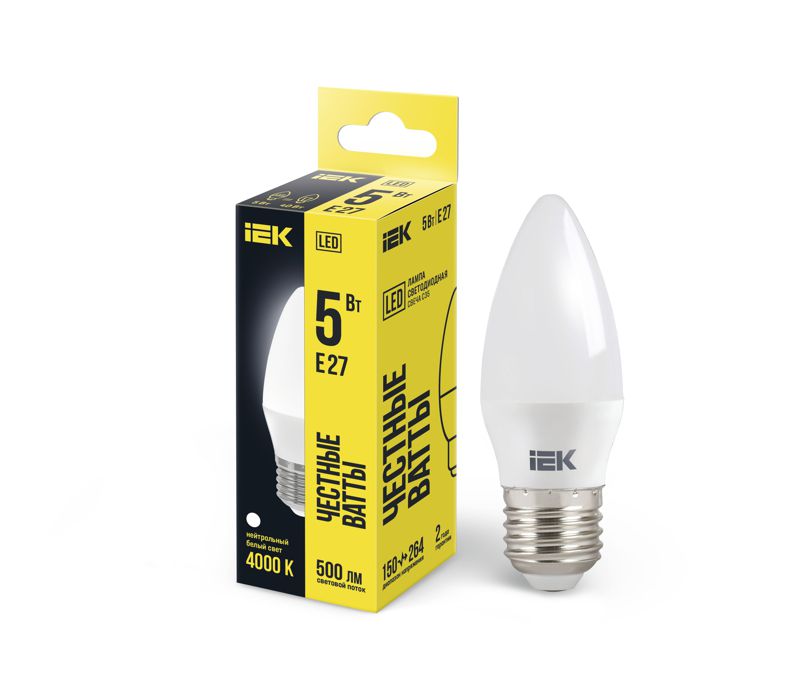 Лампа светодиодная 5Вт C35 свеча 4000К нейтр. бел. E27 450лм 230-240В IEK LLE-C35-5-230-40-E27