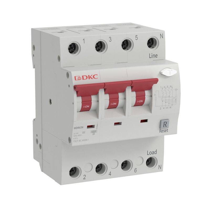 Выключатель автоматический дифференциального тока 4п (3P+N) D 63А 100мА тип A 6кА YON max MDR DKC MDR63N-3N3D63-A