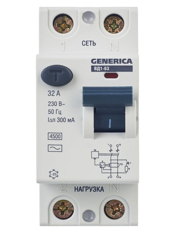 Выключатель дифференциального тока (УЗО) 2п 32А 300мА тип AC ВД1-63 GENERICA MDV15-2-032-300