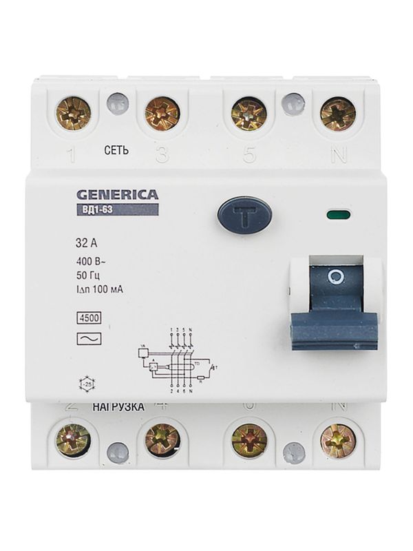 Выключатель дифференциального тока (УЗО) 4п 32А 100мА тип AC ВД1-63 GENERICA MDV15-4-032-100