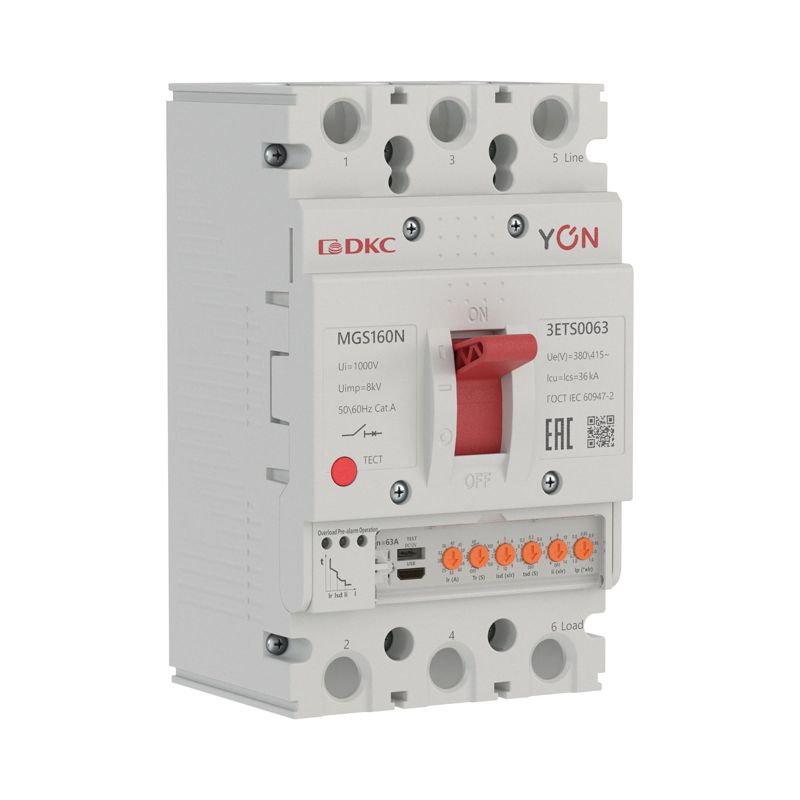 Выключатель автоматический 3п 25-63А 36кА MGS160N с электронным расцепителем ETS в литом корпусе YON MGS160N-3ETS0063