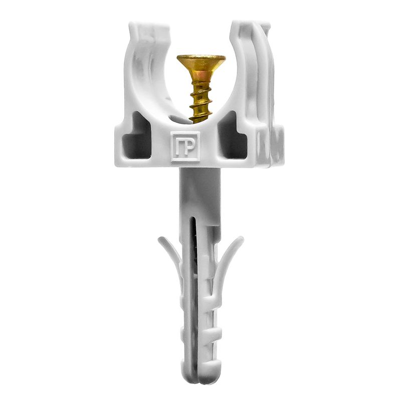 Держатель для труб (клипса) d16мм с дюбелем и саморезом сер. Промрукав PR13.0307