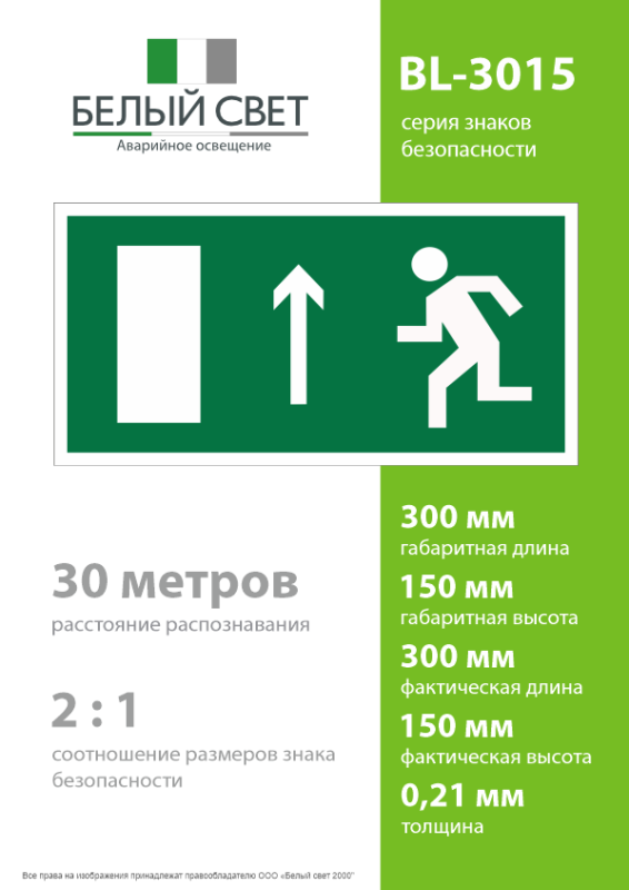 Знак безопасности BL-3015.E12 "Направление к эвакуационному выходу прямо (лев.)" Белый свет a12539